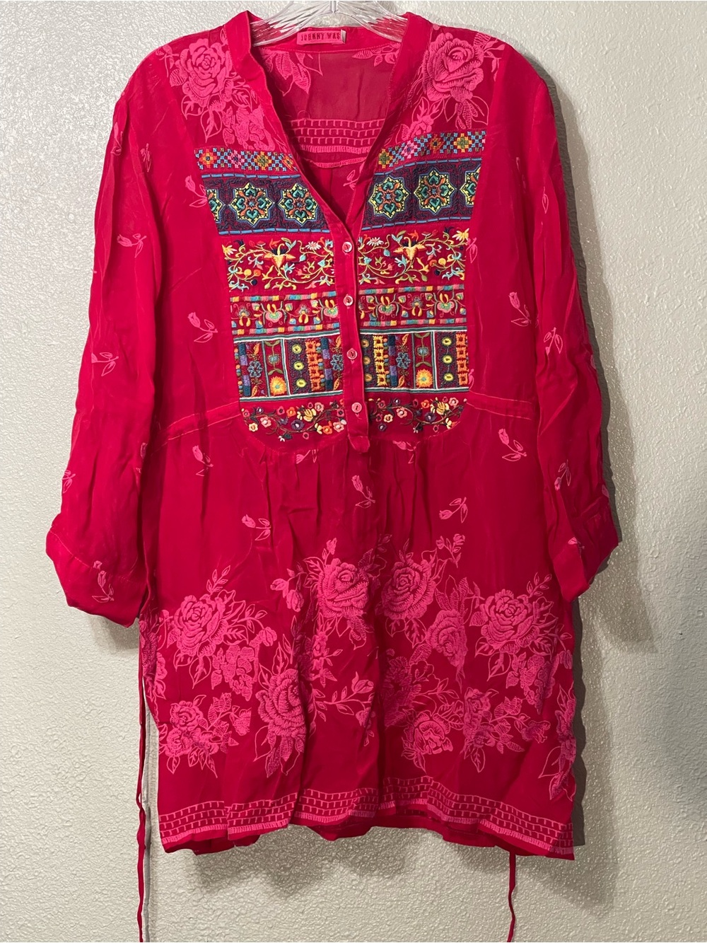 Johnny Was embroidered half button pullover 3/4 sleeve floral Size XL